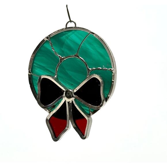 Lot of 2 Stained Glass Suncatchers Christmas Wreath Bow & Red White Stocking - Picture 3 of 4